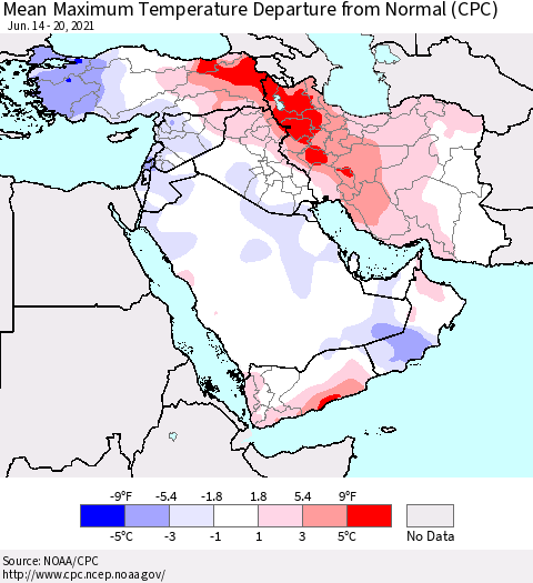 Middle East and Turkey Mean Maximum Temperature Departure from Normal (CPC) Thematic Map For 6/14/2021 - 6/20/2021