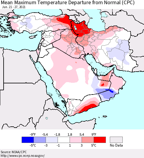 Middle East and Turkey Mean Maximum Temperature Departure from Normal (CPC) Thematic Map For 6/21/2021 - 6/27/2021