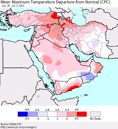 Middle East and Turkey Mean Maximum Temperature Departure from Normal (CPC) Thematic Map For 6/28/2021 - 7/4/2021