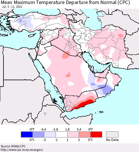 Middle East and Turkey Mean Maximum Temperature Departure from Normal (CPC) Thematic Map For 7/5/2021 - 7/11/2021