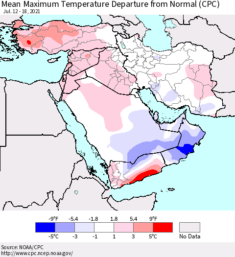 Middle East and Turkey Mean Maximum Temperature Departure from Normal (CPC) Thematic Map For 7/12/2021 - 7/18/2021