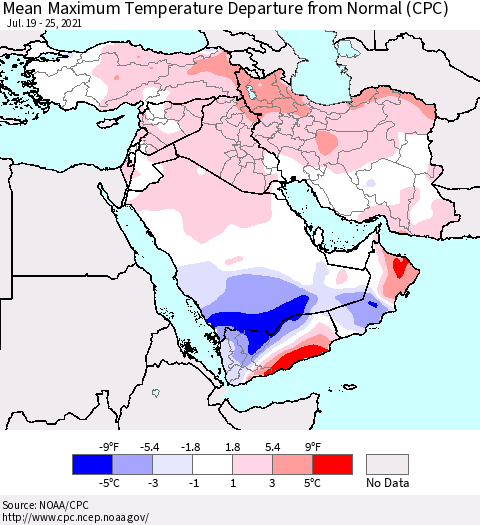 Middle East and Turkey Mean Maximum Temperature Departure from Normal (CPC) Thematic Map For 7/19/2021 - 7/25/2021