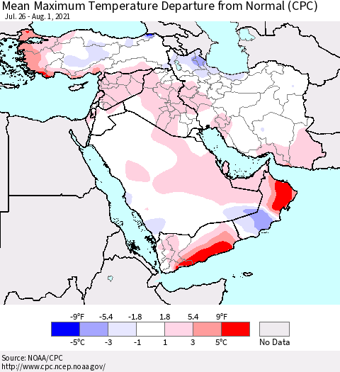 Middle East and Turkey Mean Maximum Temperature Departure from Normal (CPC) Thematic Map For 7/26/2021 - 8/1/2021
