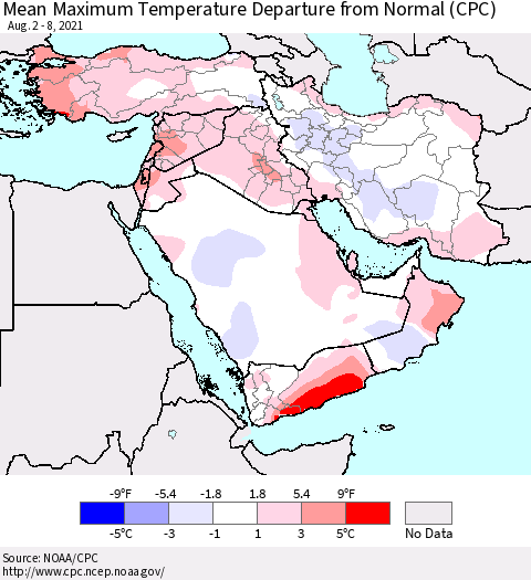 Middle East and Turkey Mean Maximum Temperature Departure from Normal (CPC) Thematic Map For 8/2/2021 - 8/8/2021