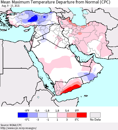 Middle East and Turkey Mean Maximum Temperature Departure from Normal (CPC) Thematic Map For 8/9/2021 - 8/15/2021