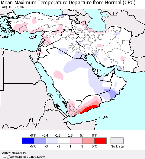 Middle East and Turkey Mean Maximum Temperature Departure from Normal (CPC) Thematic Map For 8/16/2021 - 8/22/2021