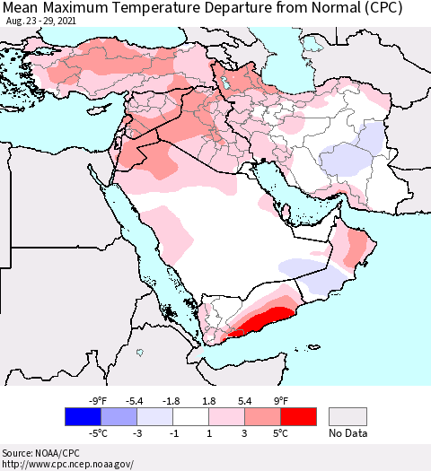 Middle East and Turkey Mean Maximum Temperature Departure from Normal (CPC) Thematic Map For 8/23/2021 - 8/29/2021