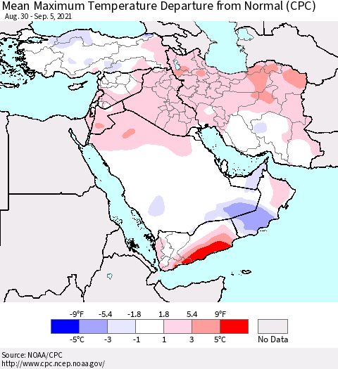 Middle East and Turkey Mean Maximum Temperature Departure from Normal (CPC) Thematic Map For 8/30/2021 - 9/5/2021