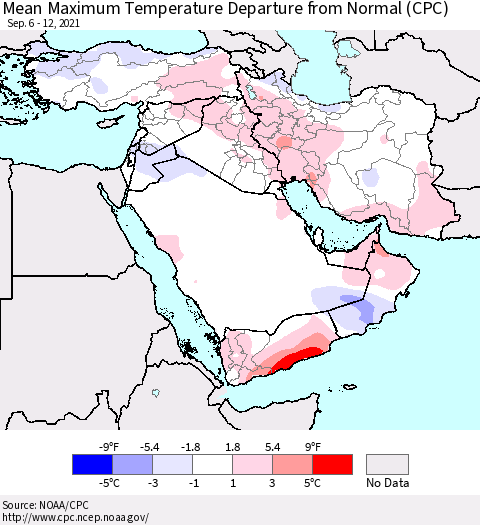 Middle East and Turkey Mean Maximum Temperature Departure from Normal (CPC) Thematic Map For 9/6/2021 - 9/12/2021