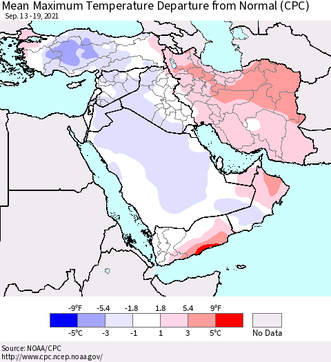 Middle East and Turkey Mean Maximum Temperature Departure from Normal (CPC) Thematic Map For 9/13/2021 - 9/19/2021