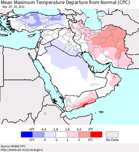 Middle East and Turkey Mean Maximum Temperature Departure from Normal (CPC) Thematic Map For 9/20/2021 - 9/26/2021