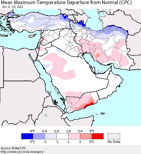 Middle East and Turkey Mean Maximum Temperature Departure from Normal (CPC) Thematic Map For 10/4/2021 - 10/10/2021