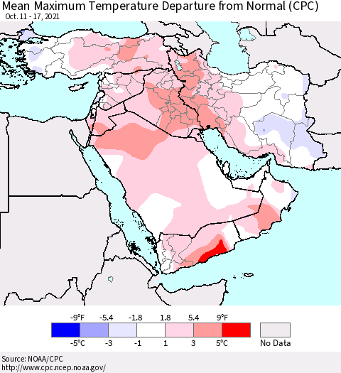Middle East and Turkey Mean Maximum Temperature Departure from Normal (CPC) Thematic Map For 10/11/2021 - 10/17/2021