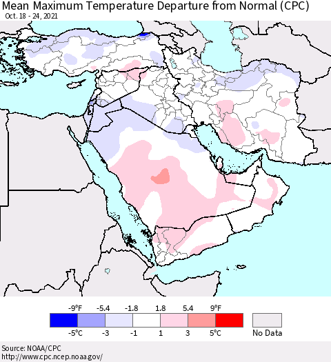 Middle East and Turkey Mean Maximum Temperature Departure from Normal (CPC) Thematic Map For 10/18/2021 - 10/24/2021