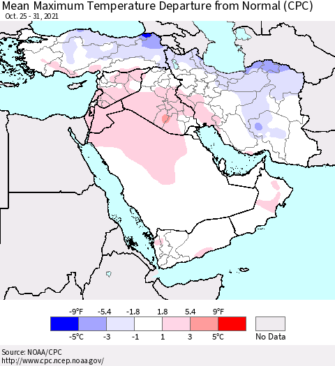 Middle East and Turkey Mean Maximum Temperature Departure from Normal (CPC) Thematic Map For 10/25/2021 - 10/31/2021