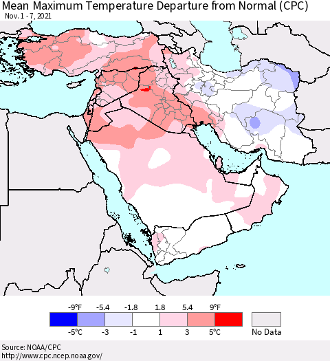 Middle East and Turkey Mean Maximum Temperature Departure from Normal (CPC) Thematic Map For 11/1/2021 - 11/7/2021