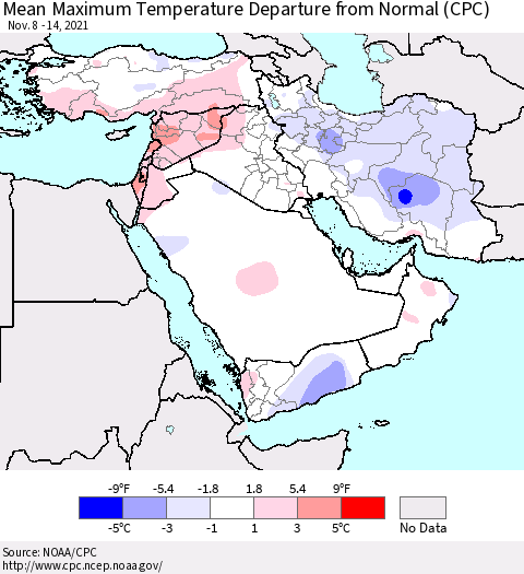Middle East and Turkey Mean Maximum Temperature Departure from Normal (CPC) Thematic Map For 11/8/2021 - 11/14/2021