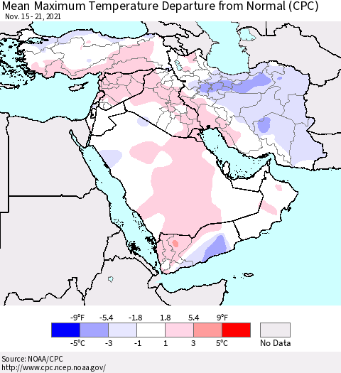 Middle East and Turkey Mean Maximum Temperature Departure from Normal (CPC) Thematic Map For 11/15/2021 - 11/21/2021