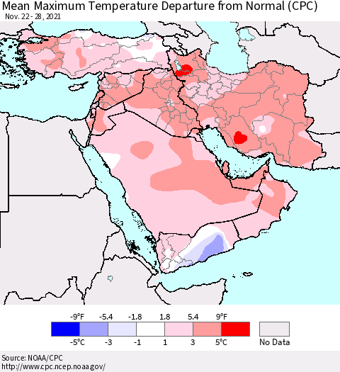 Middle East and Turkey Mean Maximum Temperature Departure from Normal (CPC) Thematic Map For 11/22/2021 - 11/28/2021