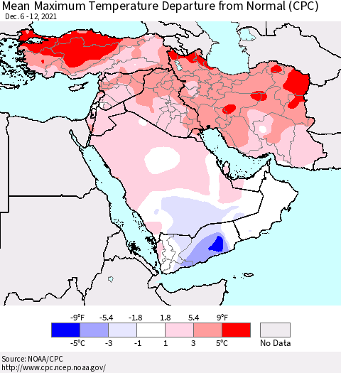 Middle East and Turkey Mean Maximum Temperature Departure from Normal (CPC) Thematic Map For 12/6/2021 - 12/12/2021
