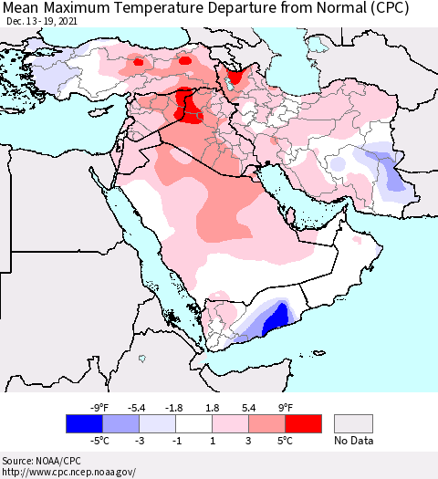 Middle East and Turkey Mean Maximum Temperature Departure from Normal (CPC) Thematic Map For 12/13/2021 - 12/19/2021
