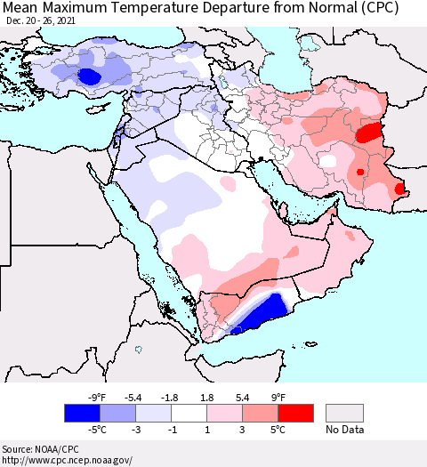 Middle East and Turkey Mean Maximum Temperature Departure from Normal (CPC) Thematic Map For 12/20/2021 - 12/26/2021