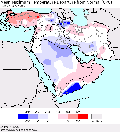 Middle East and Turkey Mean Maximum Temperature Departure from Normal (CPC) Thematic Map For 12/27/2021 - 1/2/2022