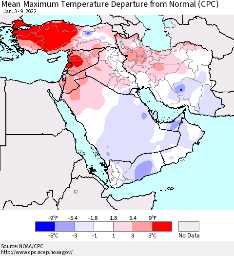 Middle East and Turkey Mean Maximum Temperature Departure from Normal (CPC) Thematic Map For 1/3/2022 - 1/9/2022