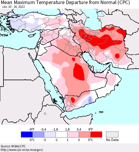 Middle East and Turkey Mean Maximum Temperature Departure from Normal (CPC) Thematic Map For 1/10/2022 - 1/16/2022