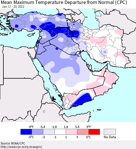 Middle East and Turkey Mean Maximum Temperature Departure from Normal (CPC) Thematic Map For 1/17/2022 - 1/23/2022