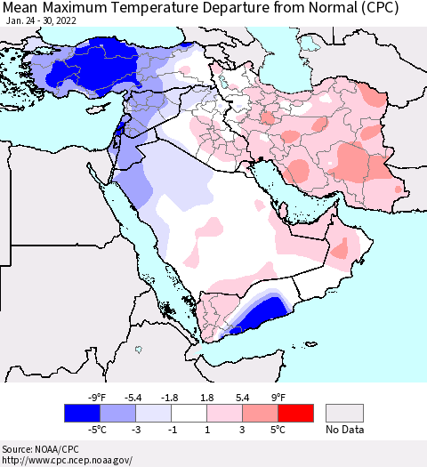 Middle East and Turkey Mean Maximum Temperature Departure from Normal (CPC) Thematic Map For 1/24/2022 - 1/30/2022