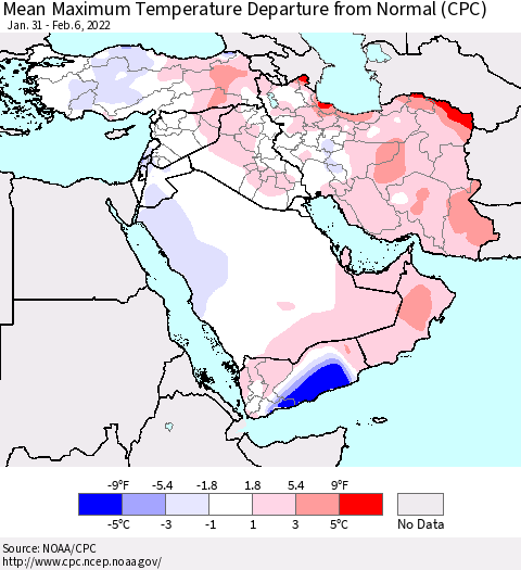 Middle East and Turkey Mean Maximum Temperature Departure from Normal (CPC) Thematic Map For 1/31/2022 - 2/6/2022