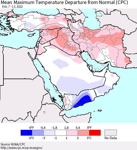 Middle East and Turkey Mean Maximum Temperature Departure from Normal (CPC) Thematic Map For 2/7/2022 - 2/13/2022