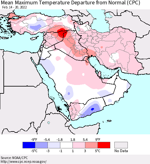 Middle East and Turkey Mean Maximum Temperature Departure from Normal (CPC) Thematic Map For 2/14/2022 - 2/20/2022