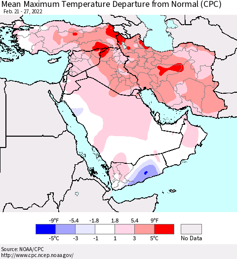 Middle East and Turkey Mean Maximum Temperature Departure from Normal (CPC) Thematic Map For 2/21/2022 - 2/27/2022
