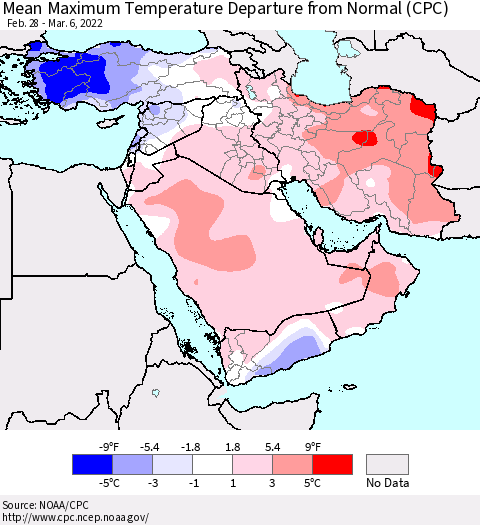 Middle East and Turkey Mean Maximum Temperature Departure from Normal (CPC) Thematic Map For 2/28/2022 - 3/6/2022