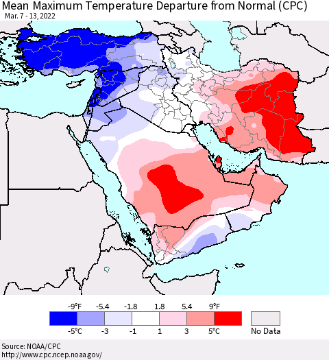 Middle East and Turkey Mean Maximum Temperature Departure from Normal (CPC) Thematic Map For 3/7/2022 - 3/13/2022