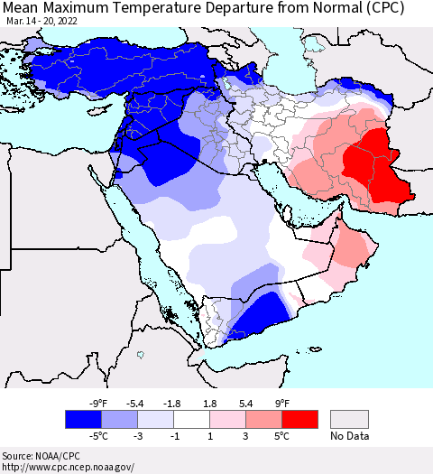 Middle East and Turkey Mean Maximum Temperature Departure from Normal (CPC) Thematic Map For 3/14/2022 - 3/20/2022