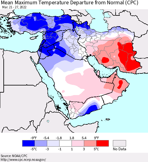 Middle East and Turkey Mean Maximum Temperature Departure from Normal (CPC) Thematic Map For 3/21/2022 - 3/27/2022