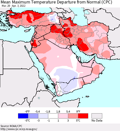 Middle East and Turkey Mean Maximum Temperature Departure from Normal (CPC) Thematic Map For 3/28/2022 - 4/3/2022
