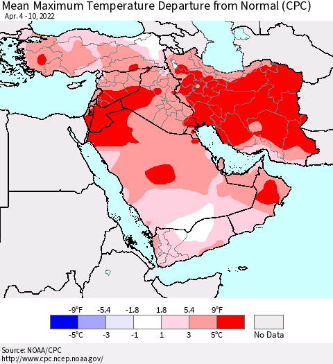 Middle East and Turkey Mean Maximum Temperature Departure from Normal (CPC) Thematic Map For 4/4/2022 - 4/10/2022