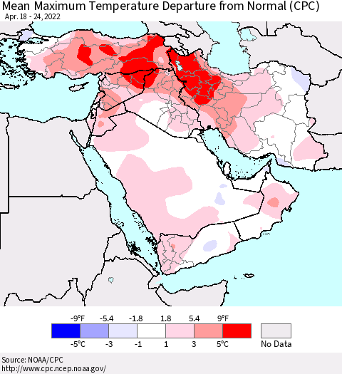 Middle East and Turkey Mean Maximum Temperature Departure from Normal (CPC) Thematic Map For 4/18/2022 - 4/24/2022