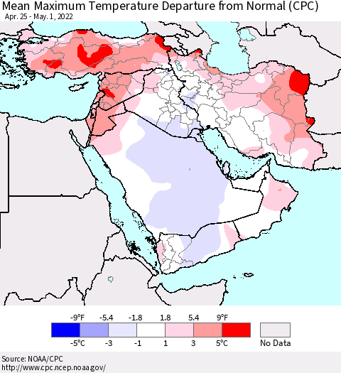 Middle East and Turkey Mean Maximum Temperature Departure from Normal (CPC) Thematic Map For 4/25/2022 - 5/1/2022
