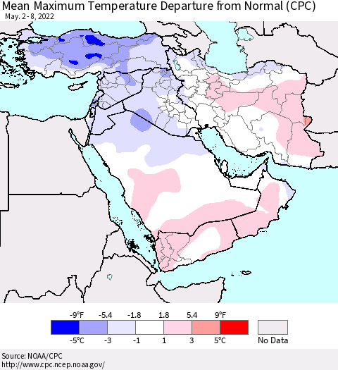 Middle East and Turkey Mean Maximum Temperature Departure from Normal (CPC) Thematic Map For 5/2/2022 - 5/8/2022