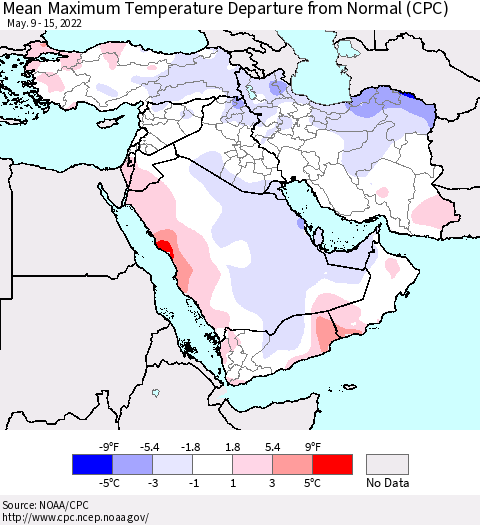 Middle East and Turkey Mean Maximum Temperature Departure from Normal (CPC) Thematic Map For 5/9/2022 - 5/15/2022
