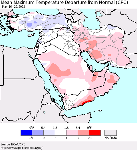Middle East and Turkey Mean Maximum Temperature Departure from Normal (CPC) Thematic Map For 5/16/2022 - 5/22/2022