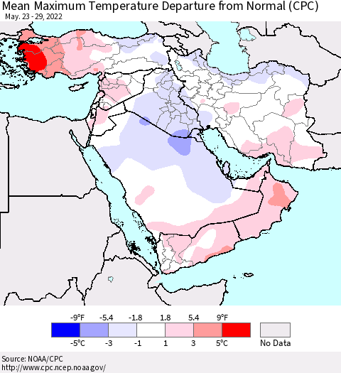 Middle East and Turkey Mean Maximum Temperature Departure from Normal (CPC) Thematic Map For 5/23/2022 - 5/29/2022