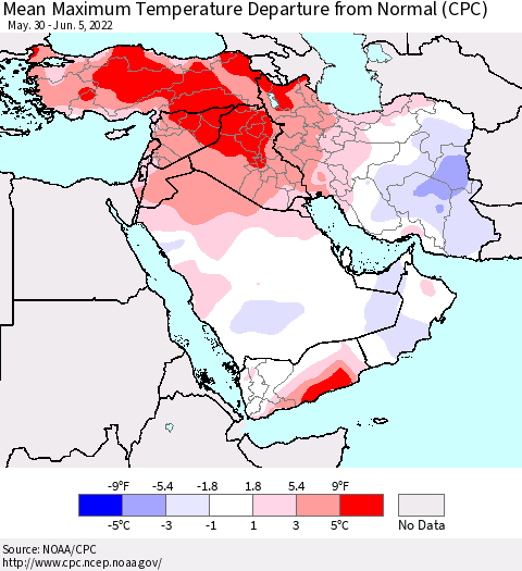 Middle East and Turkey Mean Maximum Temperature Departure from Normal (CPC) Thematic Map For 5/30/2022 - 6/5/2022