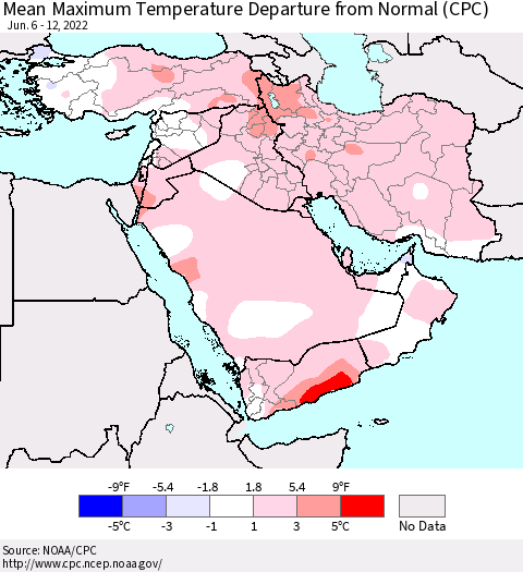 Middle East and Turkey Mean Maximum Temperature Departure from Normal (CPC) Thematic Map For 6/6/2022 - 6/12/2022