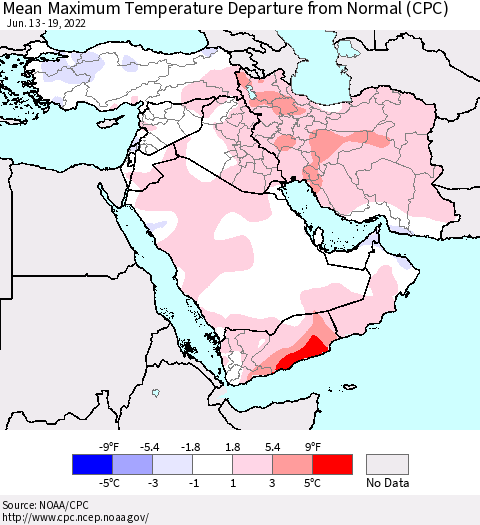 Middle East and Turkey Mean Maximum Temperature Departure from Normal (CPC) Thematic Map For 6/13/2022 - 6/19/2022